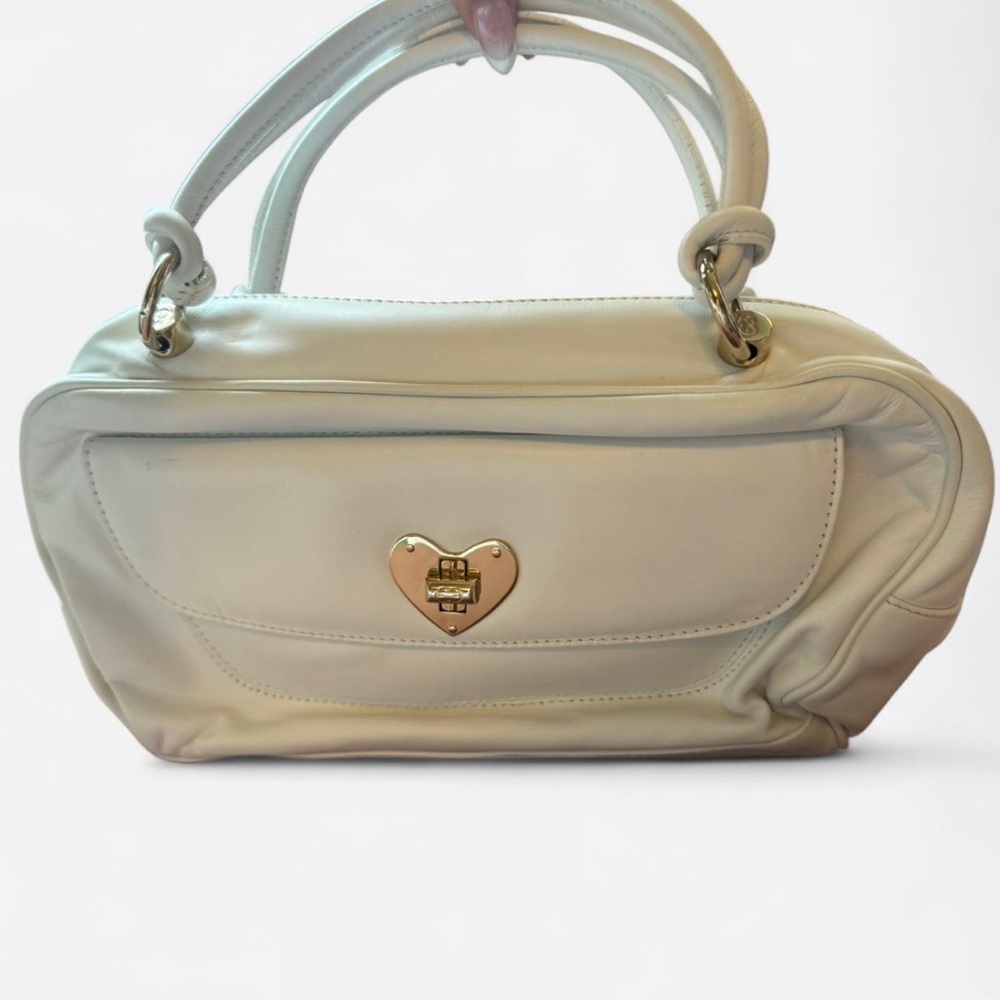 Escada Vintage Leather Satchel Cream and Gold Shoulder Bag with Heart Accent